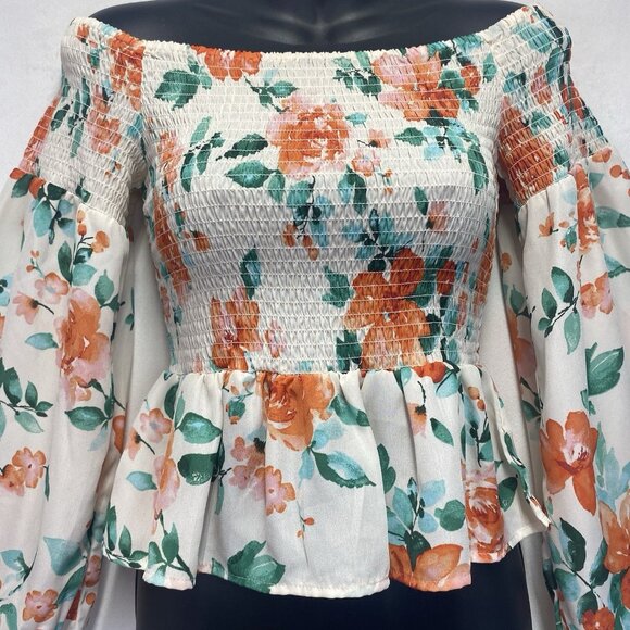 Mimi Chica Floral Off Shoulder Bell Long Sleeve Smocked Top Women Medium Cream - Picture 11 of 12